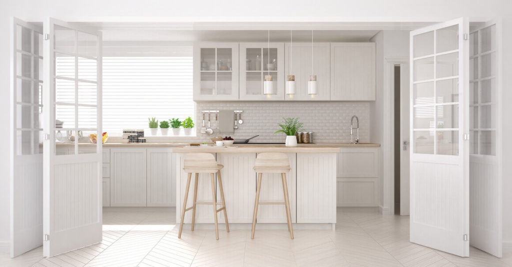 large kitchen design with small tiles laid in a herringbone pattern