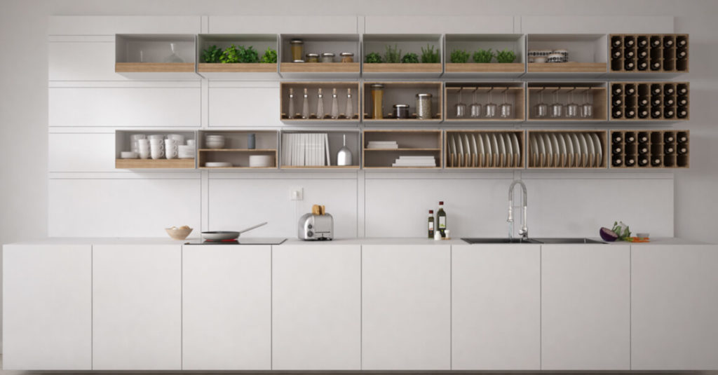 Large kitchen with open cabinetry above the sink
